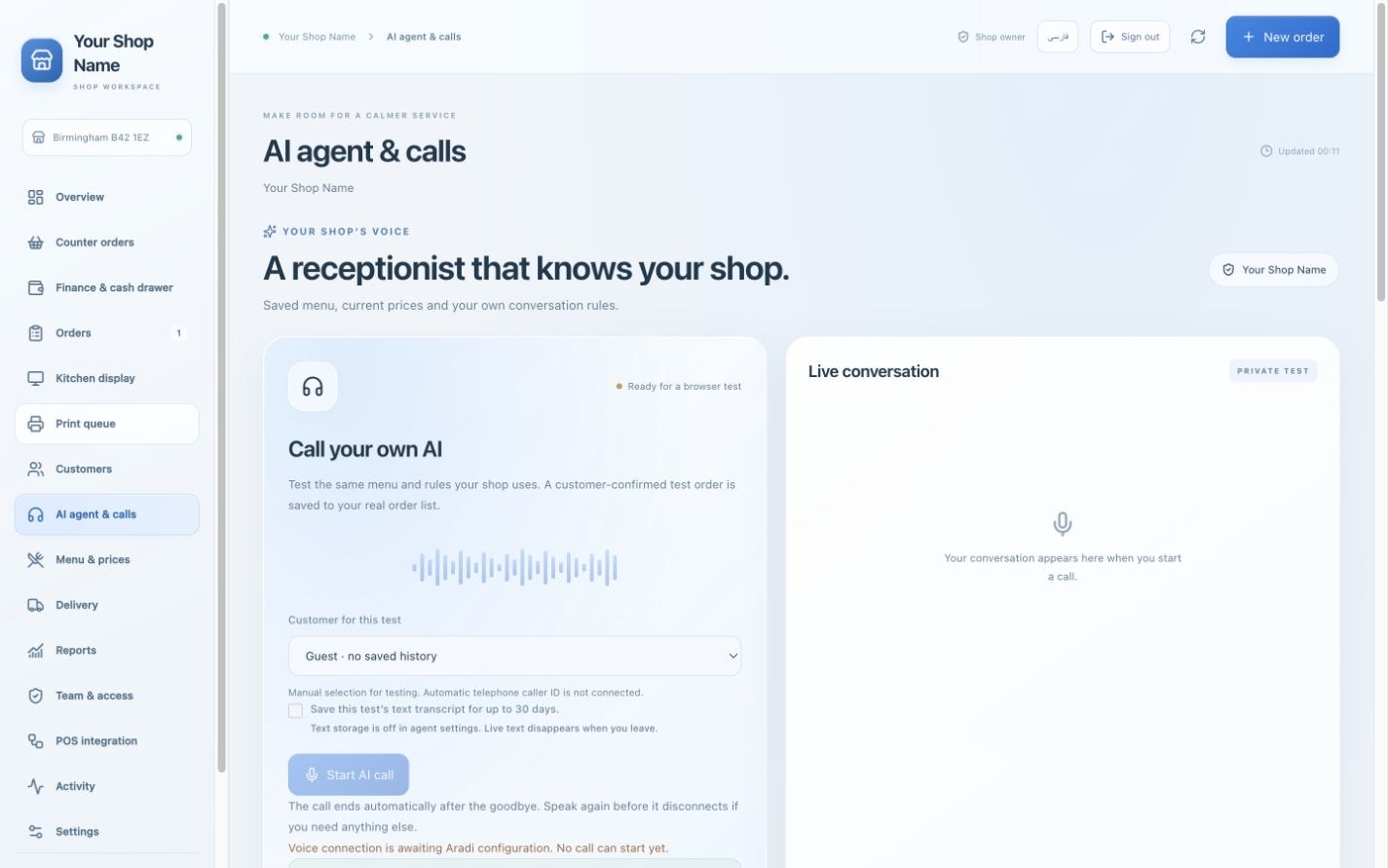 Actual Aradi your ai assistant screen with the placeholder name Your Shop Name and fictional demonstration data.