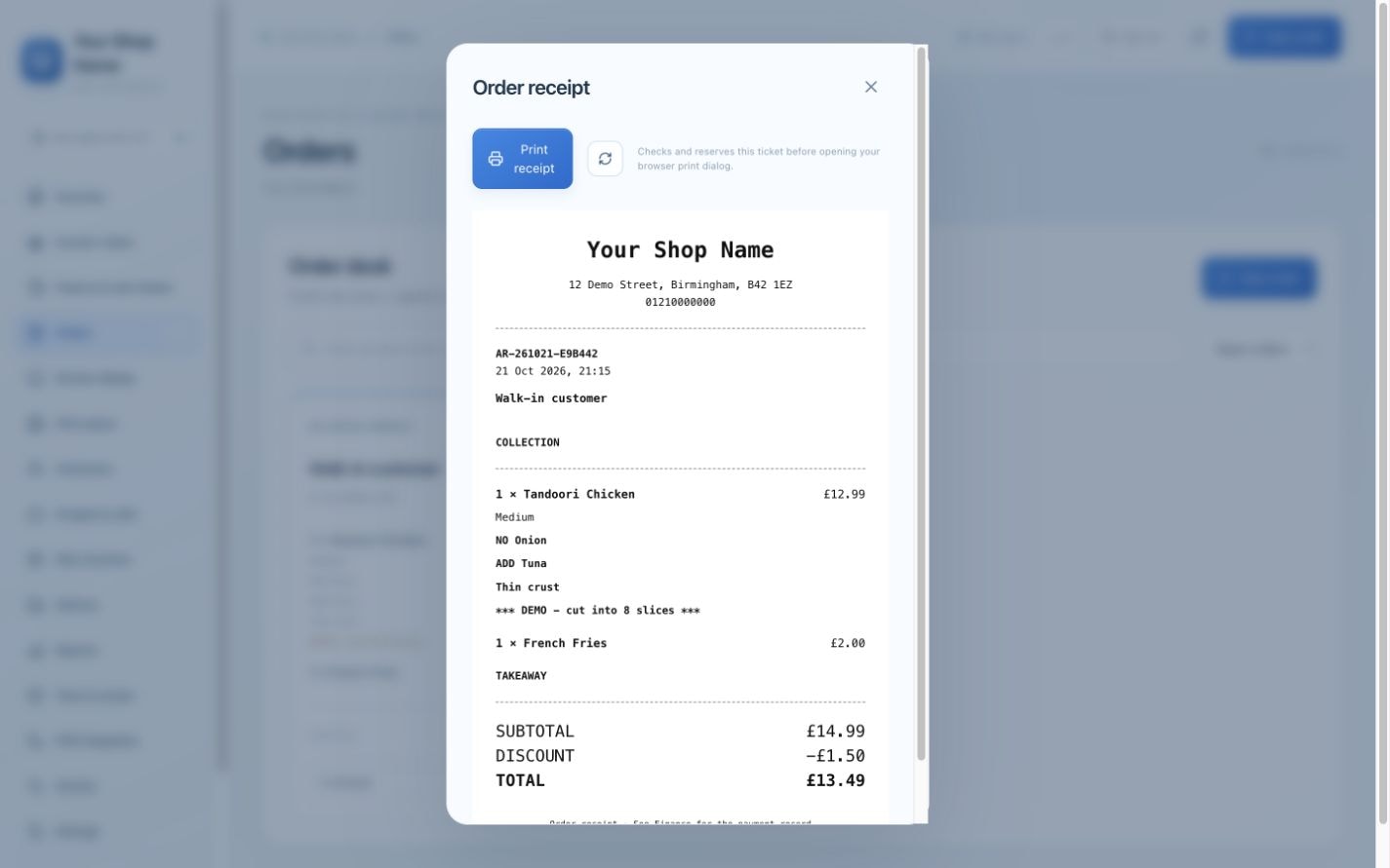 Actual Aradi ready for the kitchen screen with the placeholder name Your Shop Name and fictional demonstration data.